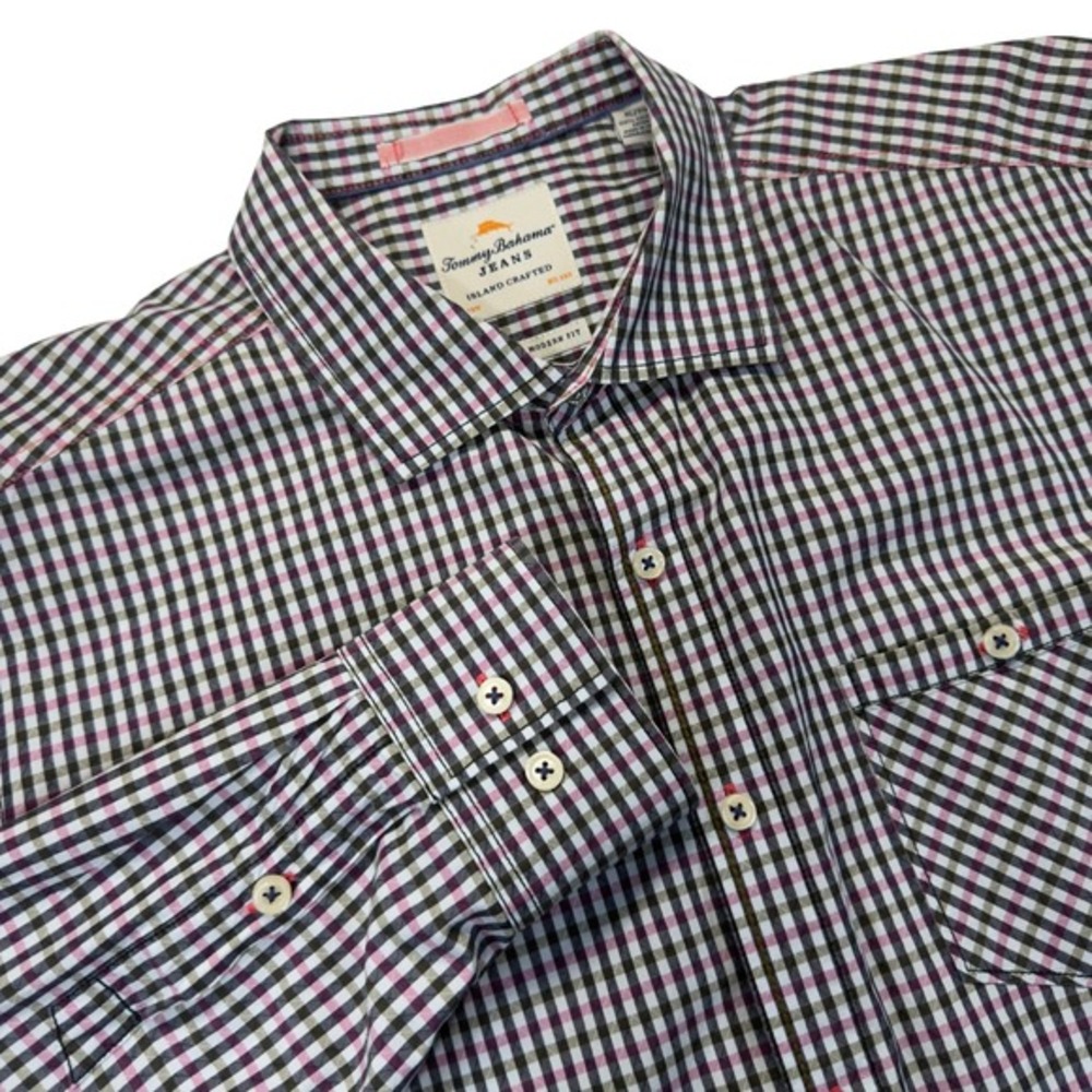 Tommy Bahama Mens XL Island Modern Shirt Black Gingham Cotton Button Down